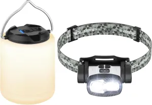 Bundle: 1 Pack LED Camping Lantern (1000LM, 4 Modes) & 1 Pack Rechargeable LED Headlamp (1500LM, 9 Modes) - Super Bright, Waterproof, Portable Emergency Lights for Hurricane, Hiking, Survival