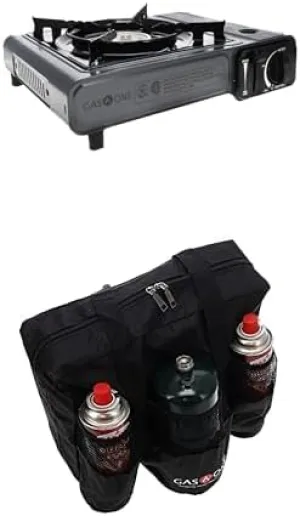 Bundle: Gas One Portable Butane Camping Stove (7,650 BTU) with Case and Automatic Ignition   Gas One 50490 Portable Camping Stove Carry Bag for Butane and Dual Fuel Stoves