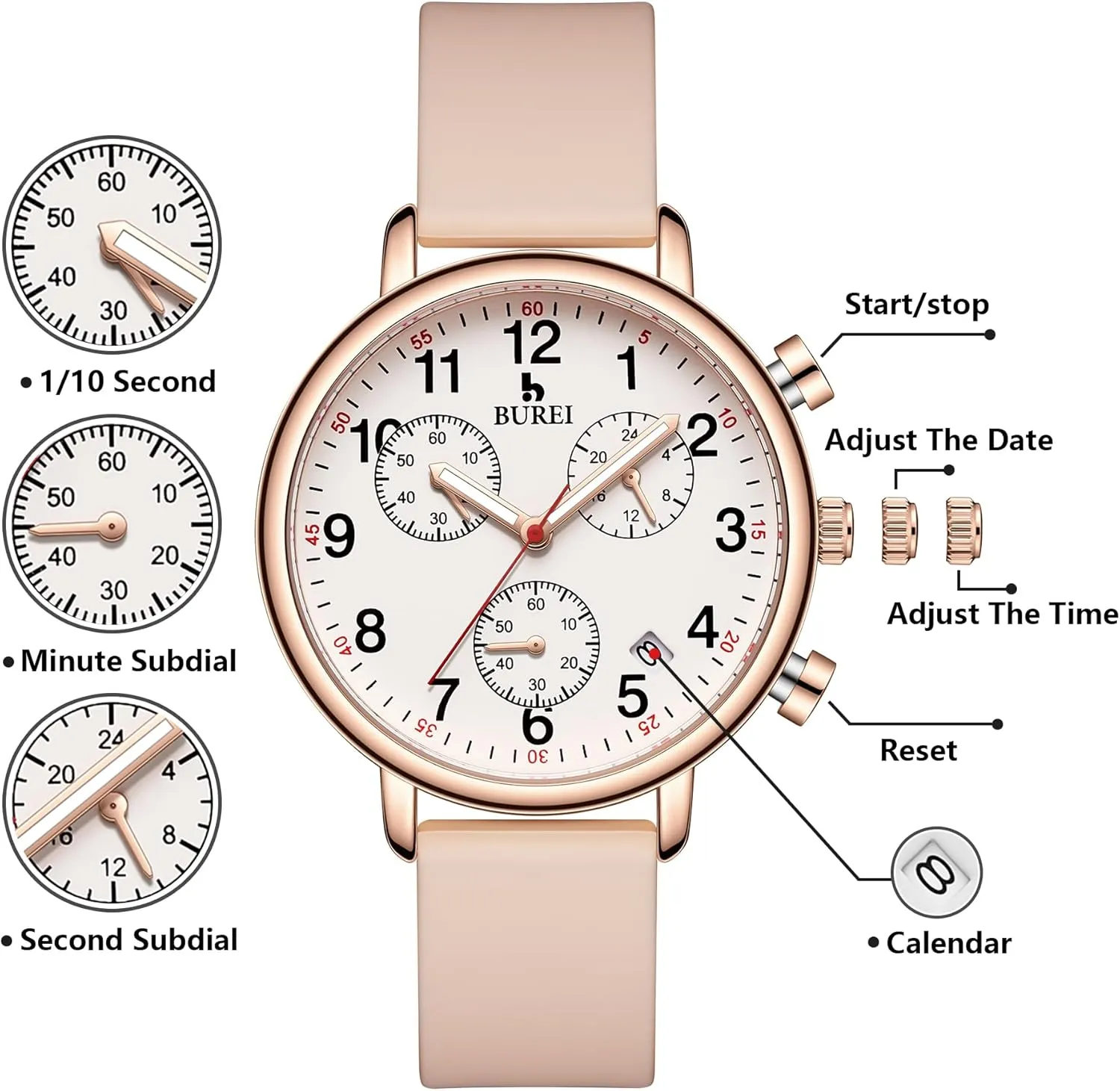 BUREI Womens Nurse Watches, Easy to Read Precision Watches for Medical Professionals, Silicone Comfort,Waterproof, Night Light, Stopwatch Multifunctional Time Clocks