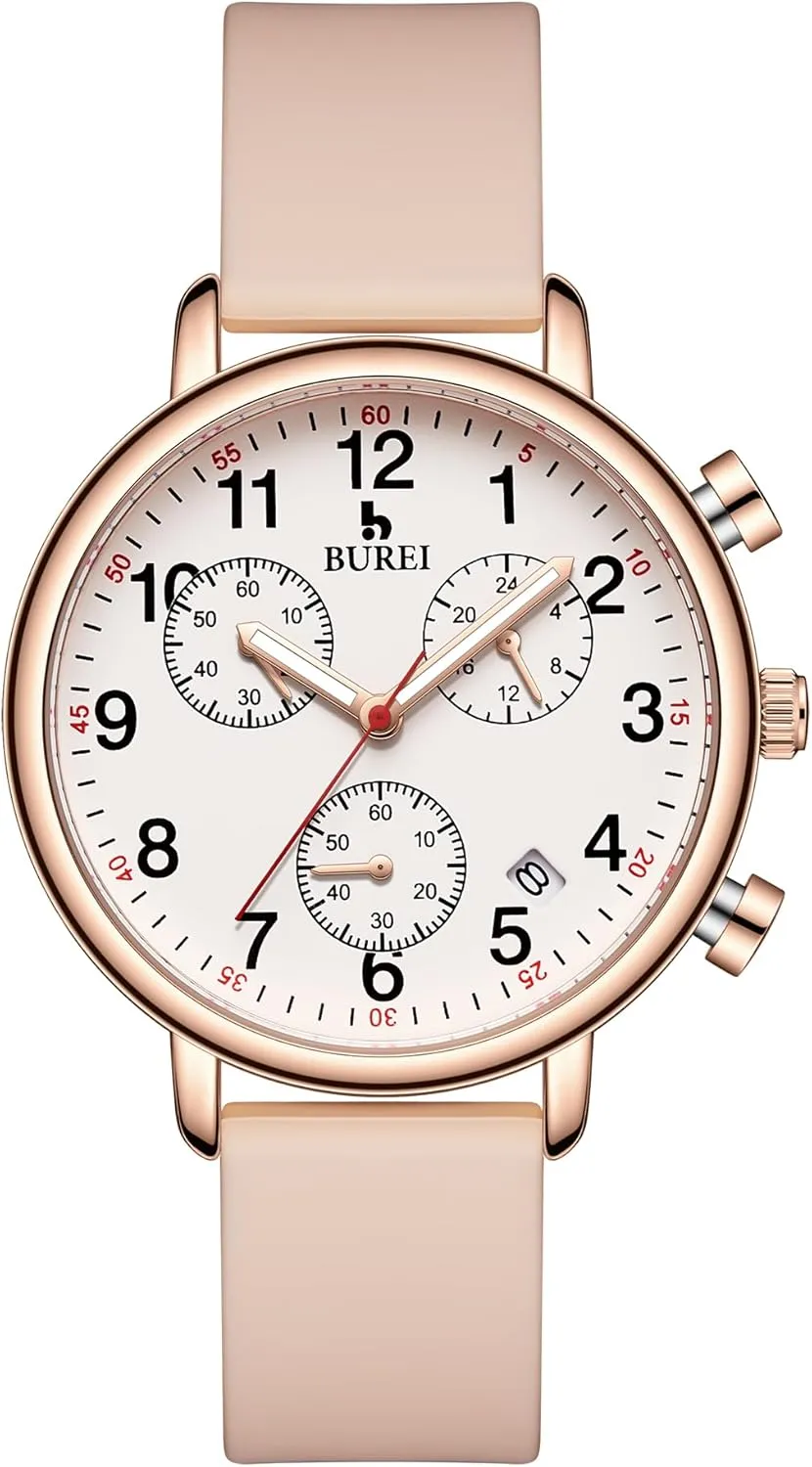BUREI Womens Nurse Watches, Easy to Read Precision Watches for Medical Professionals, Silicone Comfort,Waterproof, Night Light, Stopwatch Multifunctional Time Clocks