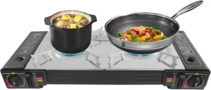 Butane Camping Stove 2 Burners Portable Camping Stove, 2100-2500W High Power, Non-Stick Grill Pan, Dual Gas Connections with Carrying Case, Ideal for RV, Apartments, Outdoor