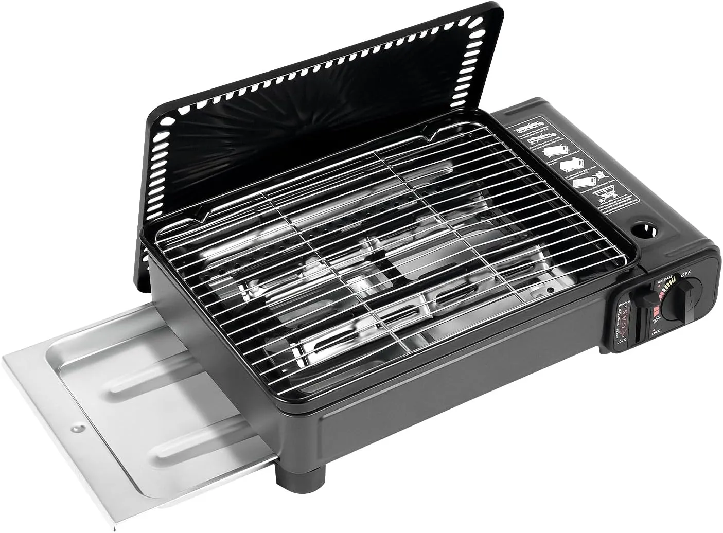 Butane Grill Stove, Portable Camping Grill Gas Stove, Tabletop BBQ Grill with Grilling Net, Baking Sheet & Carrying Case for Camping, Picnics, BBQ