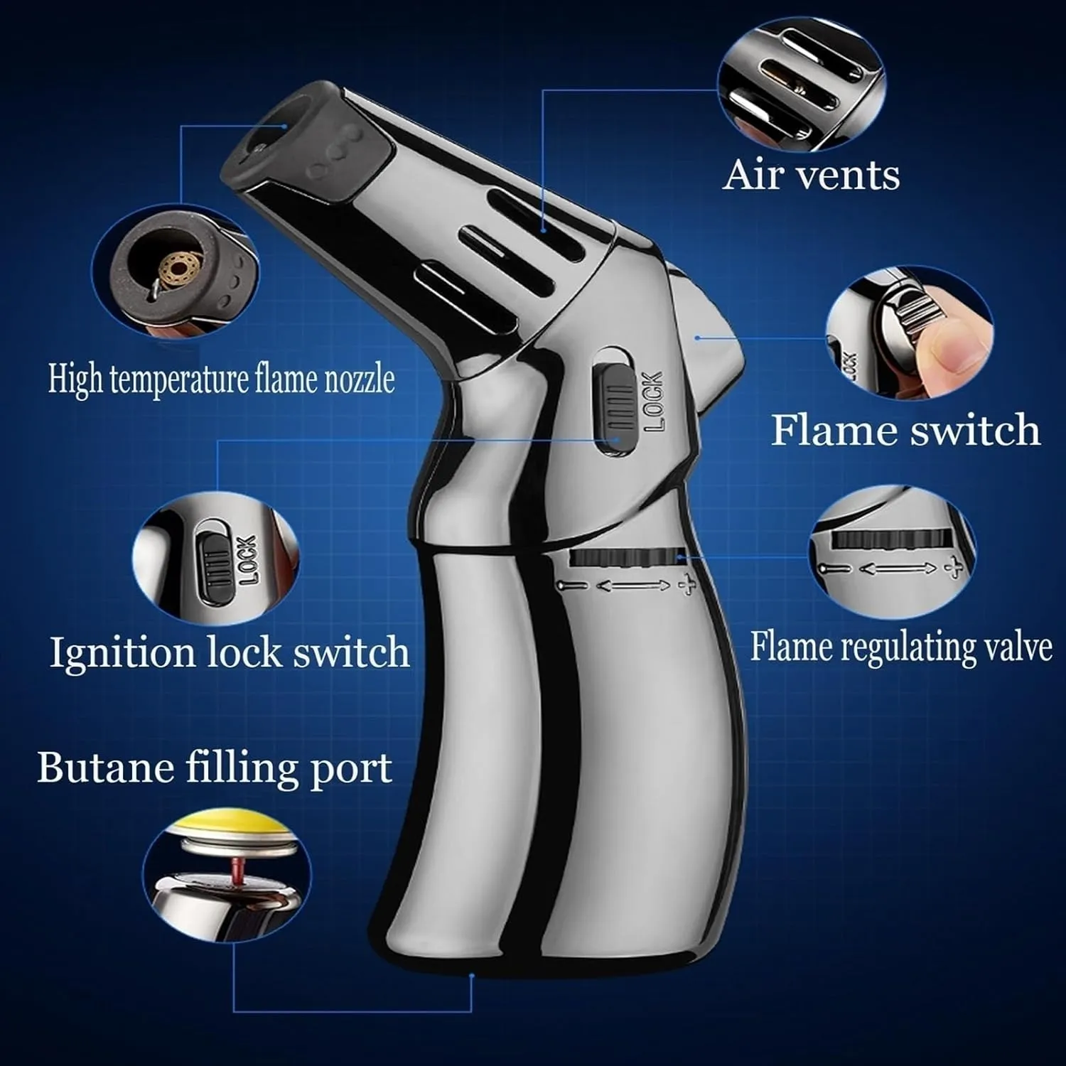 Butane Lighter, Made Metal, Portable Design, with Safety Lock, Adjustable Flame Size and Windproof, Butane can be refilled, Suitable for Candle Camping and Other Occasions