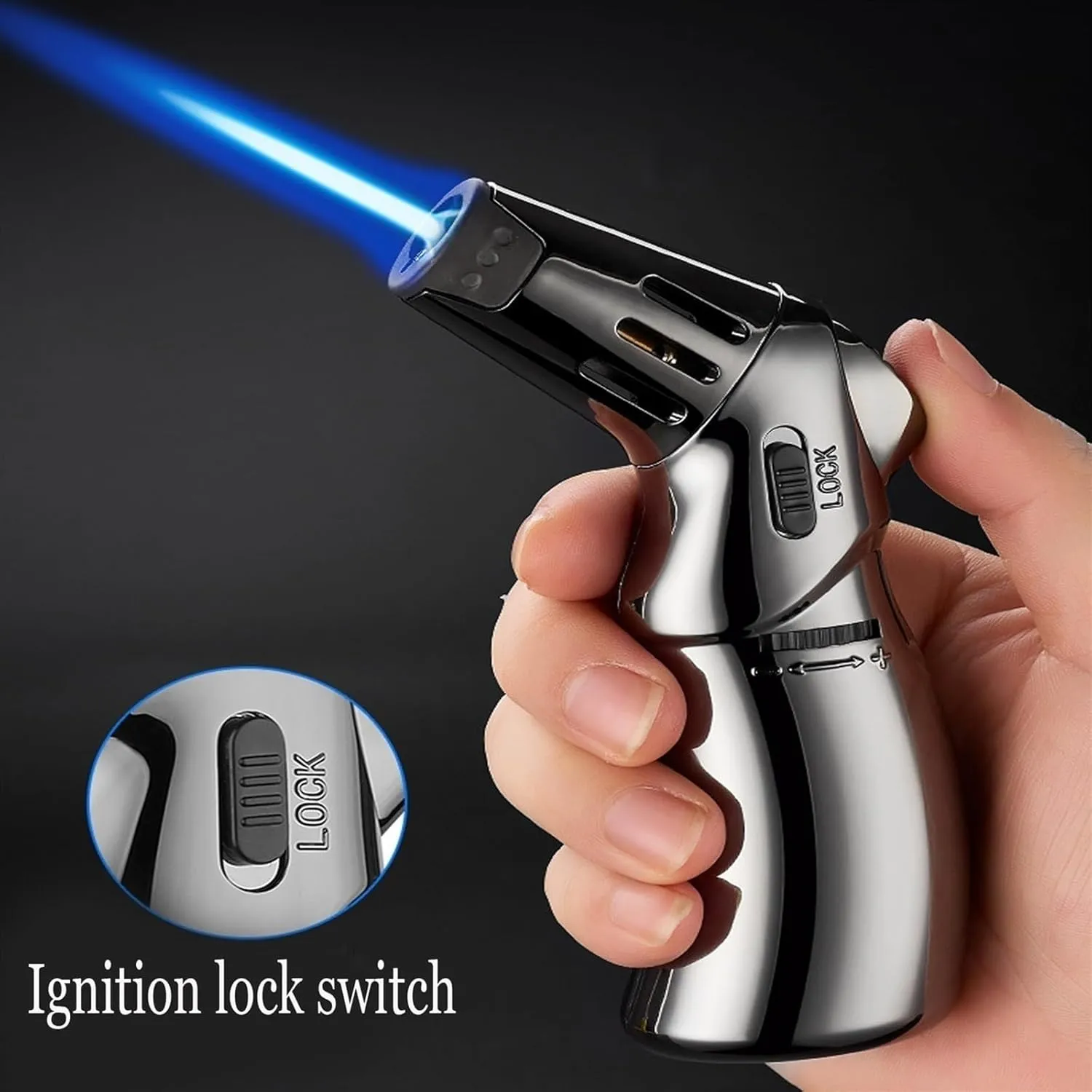 Butane Lighter, Made Metal, Portable Design, with Safety Lock, Adjustable Flame Size and Windproof, Butane can be refilled, Suitable for Candle Camping and Other Occasions