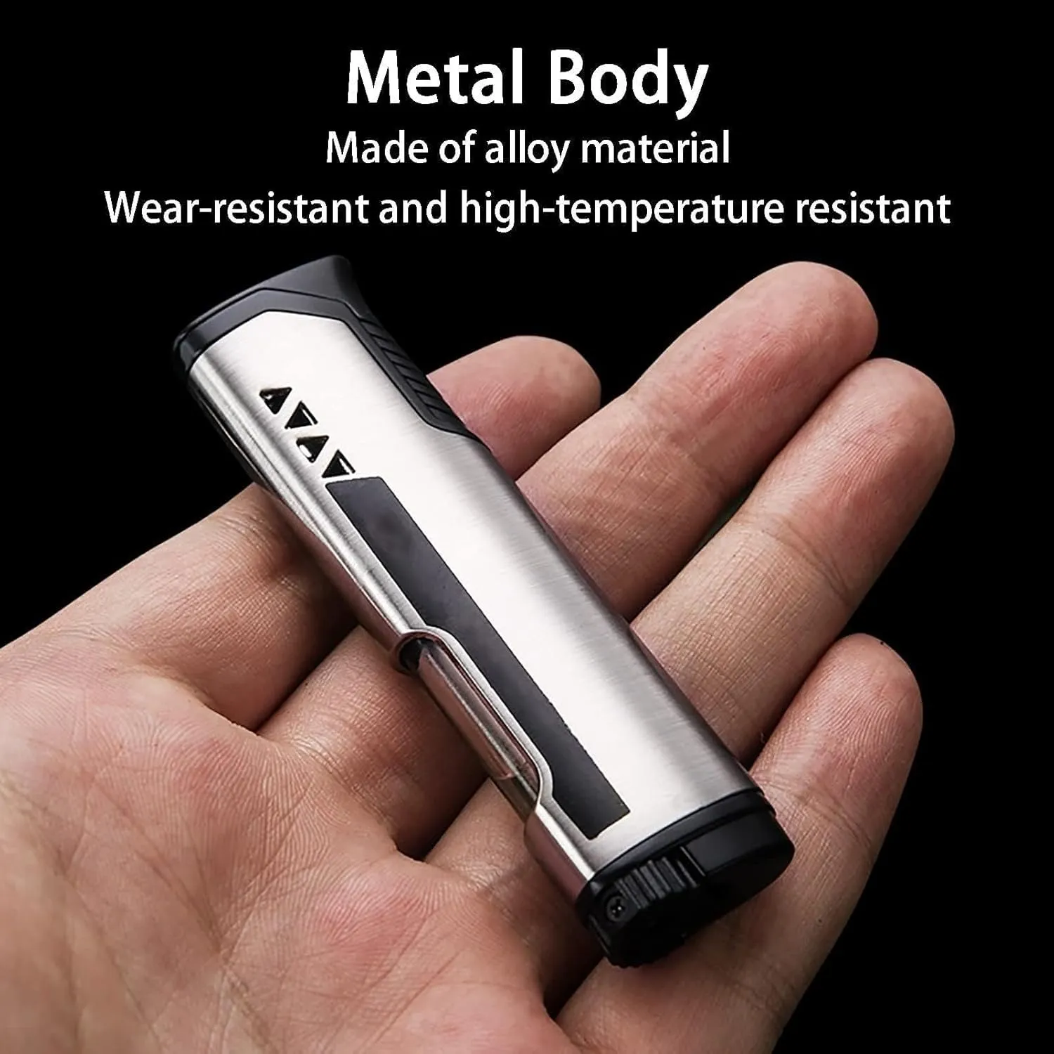 Butane Windproof Adjustable Jet Flame Lighter, Portable Refillable Butane Lighter for Outdoor Camping (Butane Not Included)(Silver)