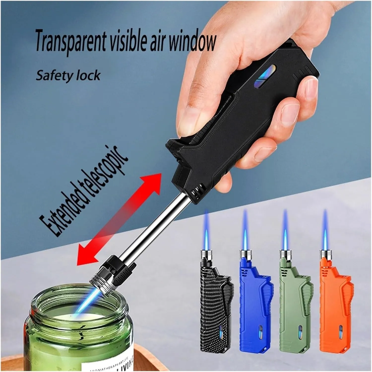 Butane Windproof Lighter, zinc Alloy Telescopic Reusable and Adjustable with Transparent Observation Window Suitable for Outdoor Hiking and Camping(Orange)