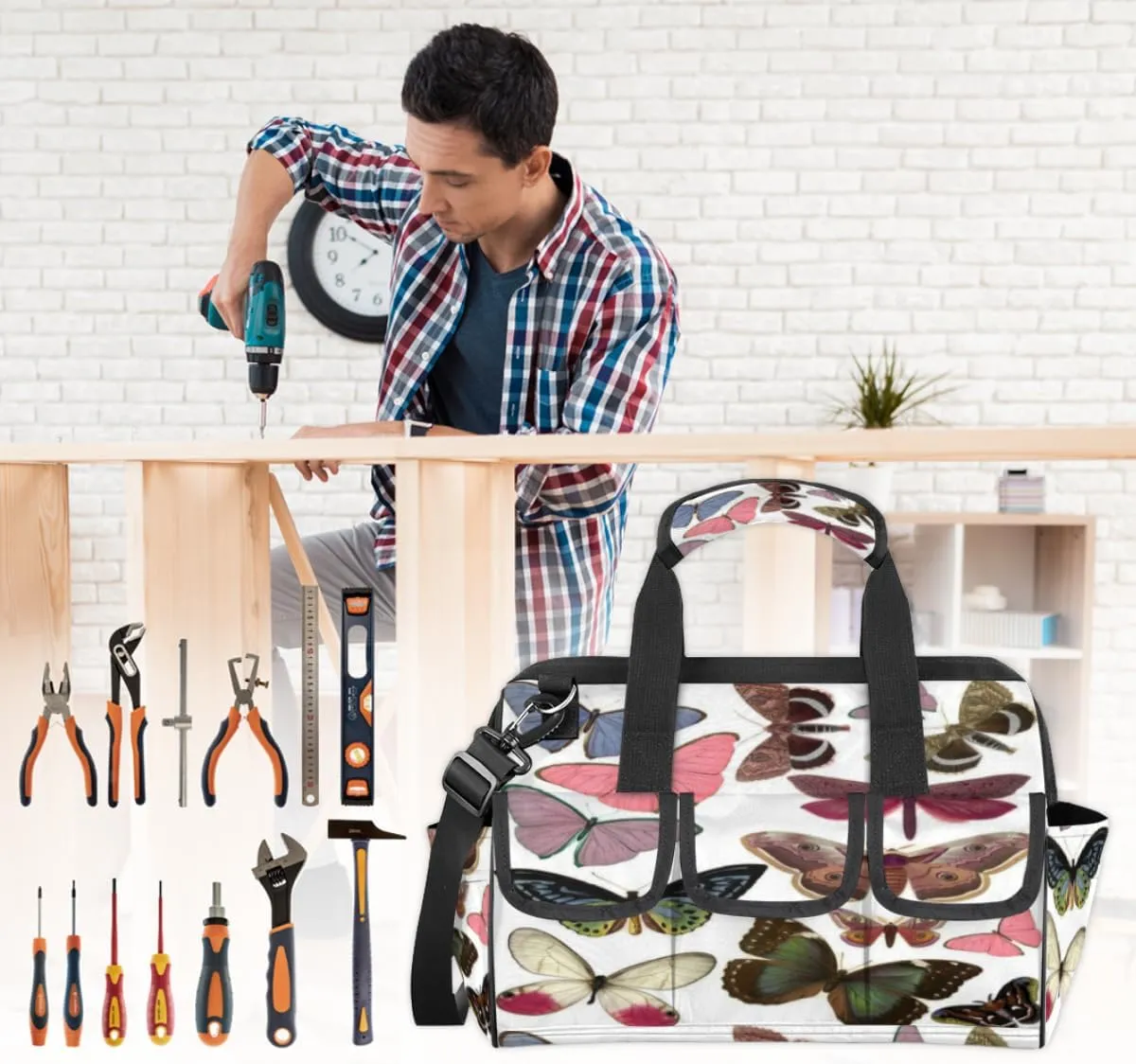 Butterfly Specimen Durable Tool Bag for Men with Multiple Pockets - Waterproof Oxford Cloth, Sturdy Zipper, Adjustable Shoulder Strap - Ideal for Woodworking, Maintenance, and Outdoor Activities
