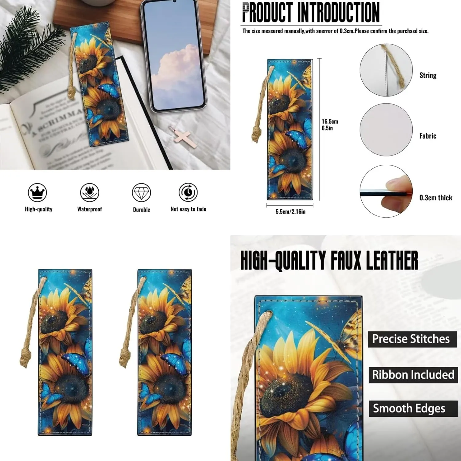Butterfly Sunflower Pattern 3PCS Bible Covers Bible Case Bible Cover Case Leather bookmark Bible Holder Strap Bible Cover Gifts