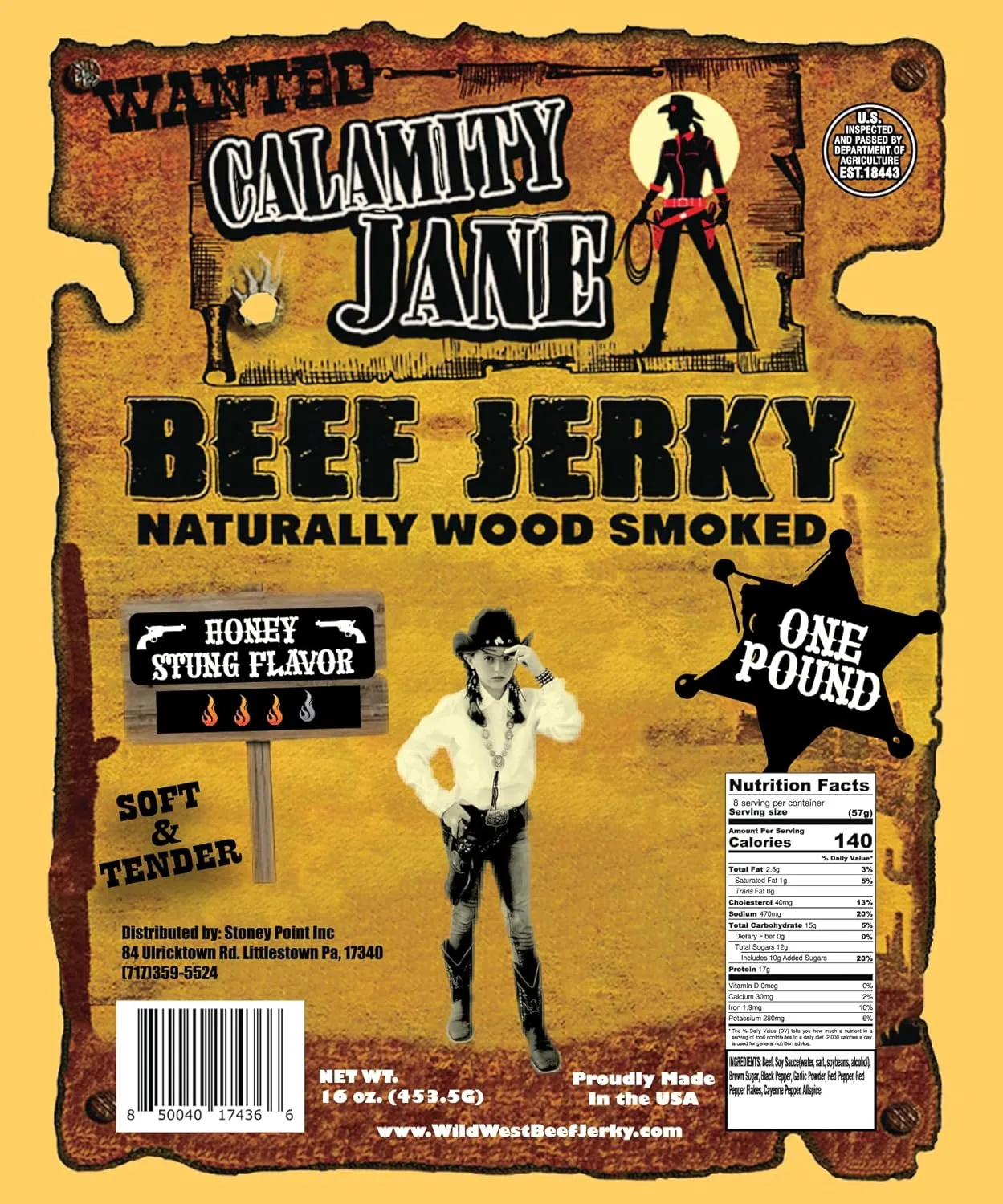 Calamity Jane Beef Jerky Honey Stung Flavor One Pound Resealable Bag