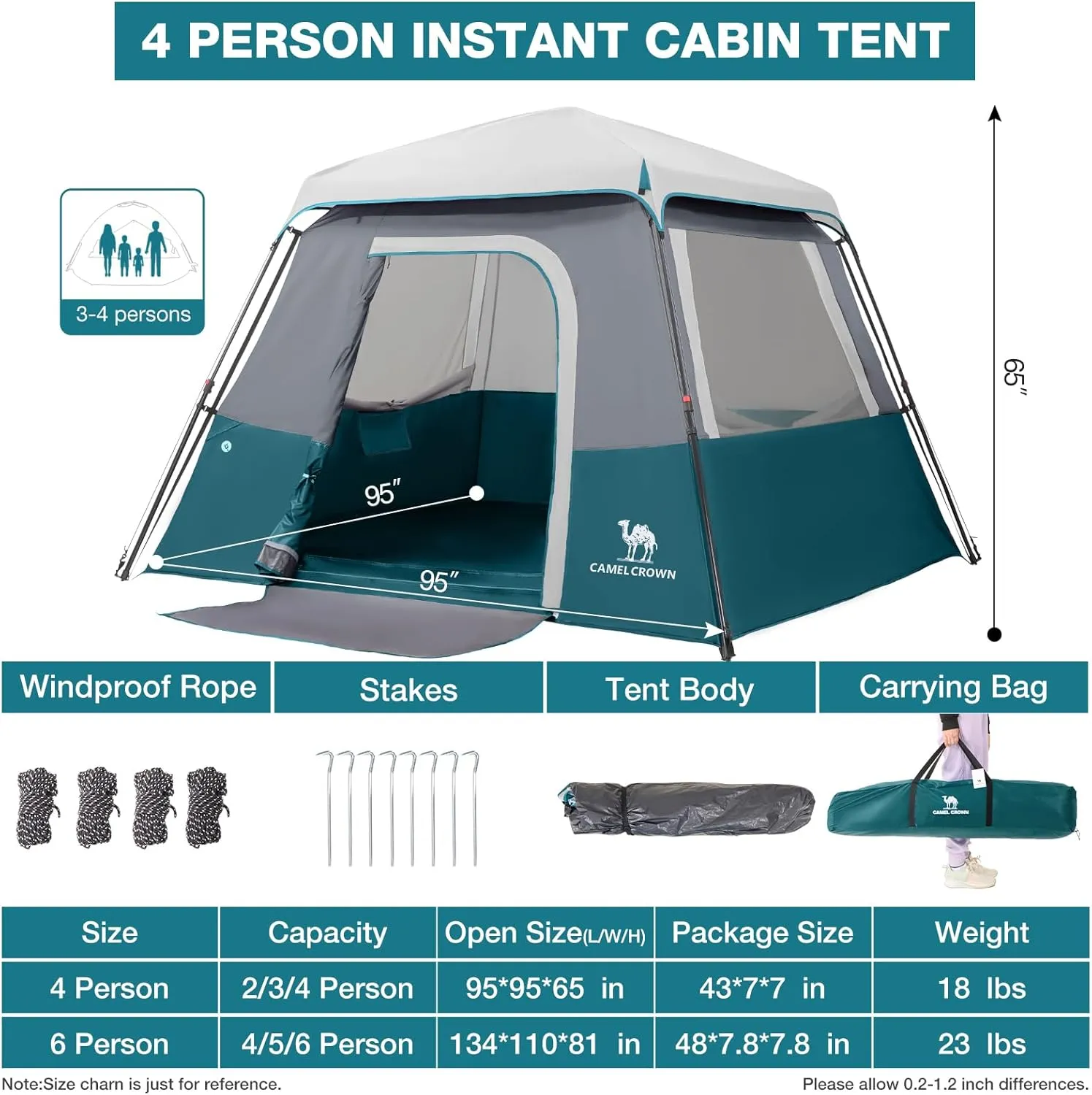 CAMEL CROWN 4/6 Person Tent Waterproof Lightweight Portable Backpacking Tent for Outdoor Camping Hiking
