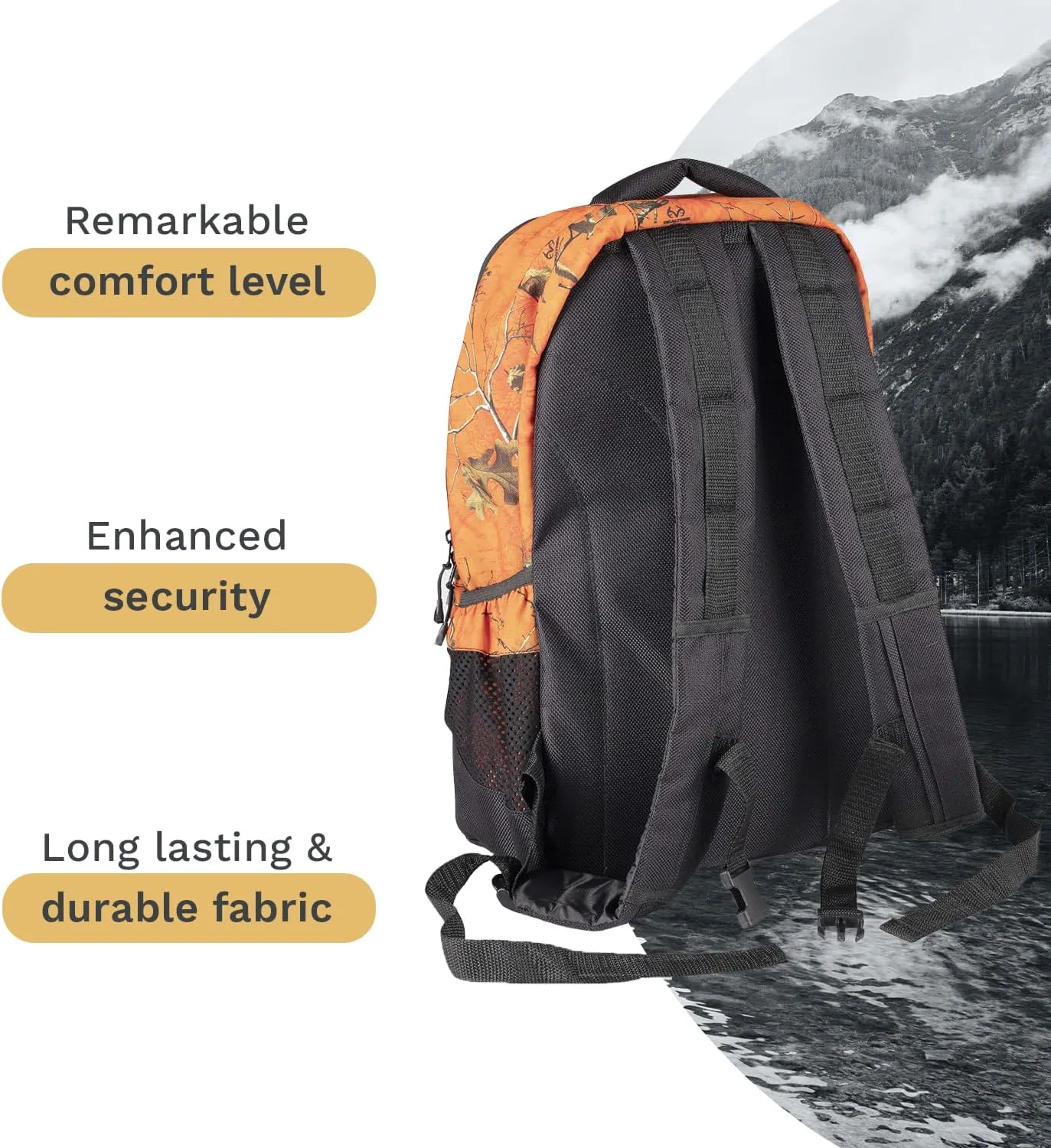 Camo Backpack in Licensed Realtree Prints, Lightweight and Durable Backpack, Hiking and Hunting with YKK Zipper (Xtra Orange/Black)