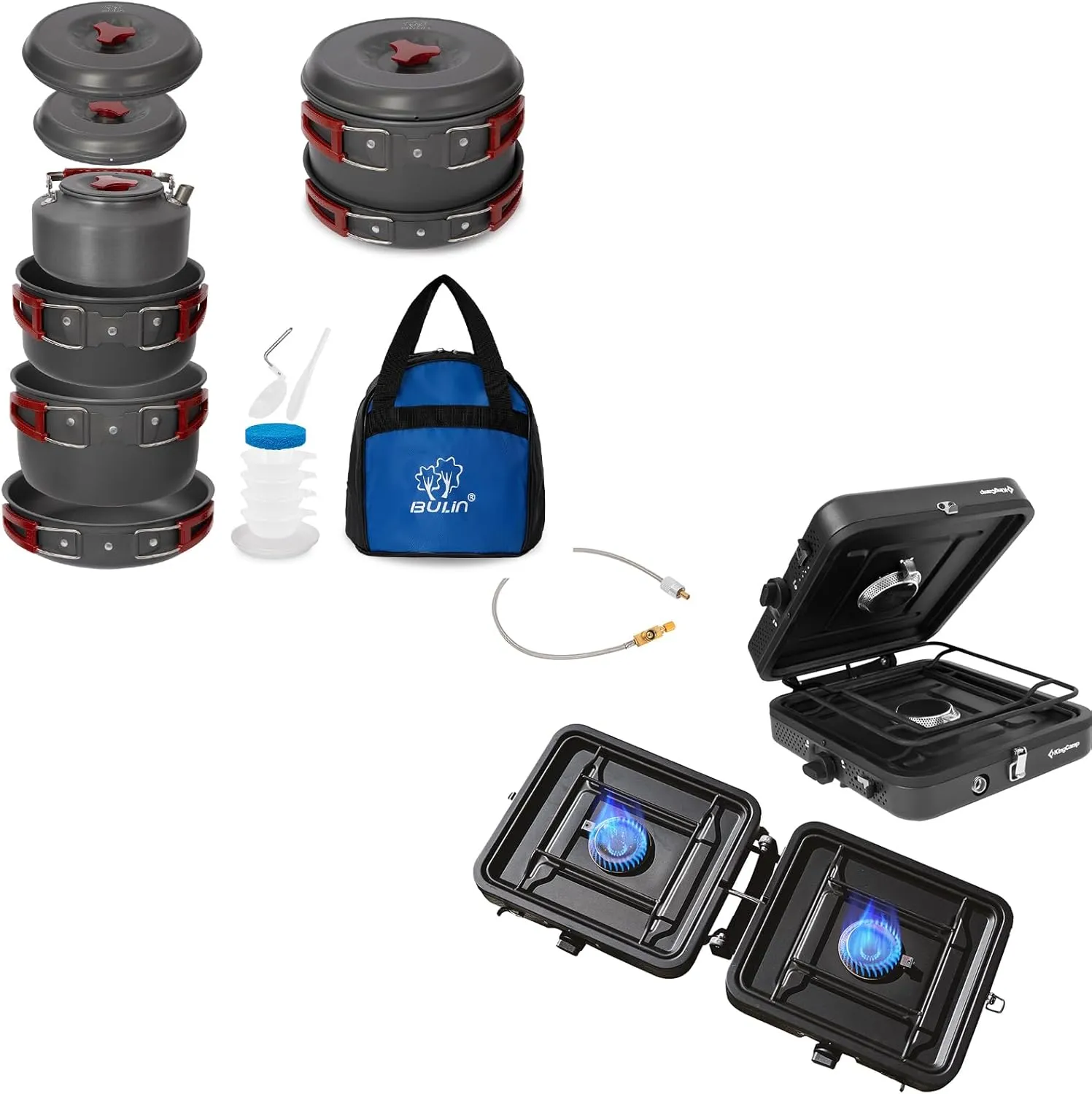 Camping Cookware Mess Kit with 2 Burner Camping Stove, Nonstick Backpacking Cooking Set, Outdoor Cook Gear for Family Hiking, Picnic