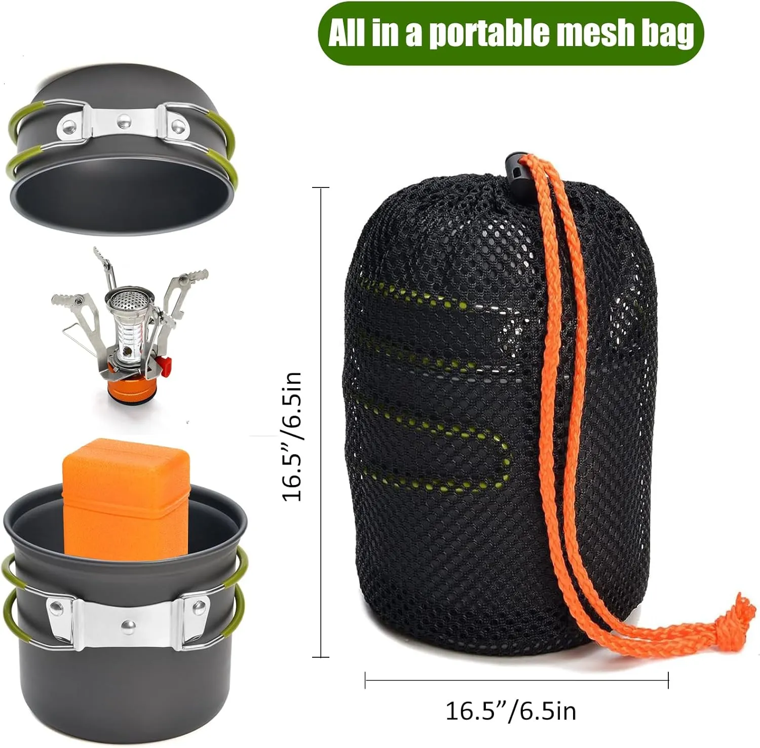 Camping Cookware Mess Kit with Lightweight Pot, Camping Stove, Spork and Carry Mesh Bag, Great for Backpacking Outdoor Camping Hiking and Picnic