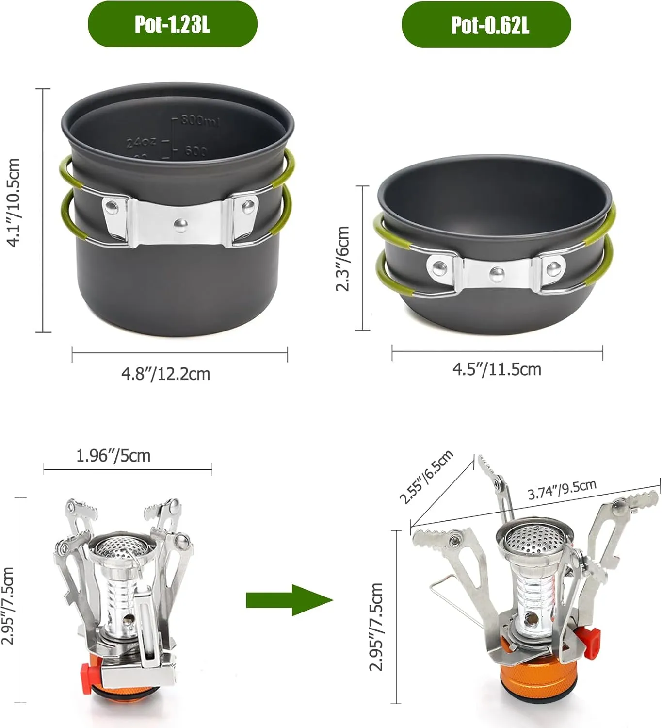 Camping Cookware Mess Kit with Lightweight Pot, Camping Stove, Spork and Carry Mesh Bag, Great for Backpacking Outdoor Camping Hiking and Picnic