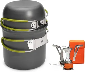 Camping Cookware Mess Kit with Lightweight Pot, Camping Stove, Spork and Carry Mesh Bag, Great for Backpacking Outdoor Camping Hiking and Picnic
