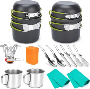 Camping Cookware Set, Lightweight Backpacking Mess Kit with Camping Pots and Pans, 2 Cups, Fork Spoon, Survival Cooking Kit for Outdoor Hiking and Picnic