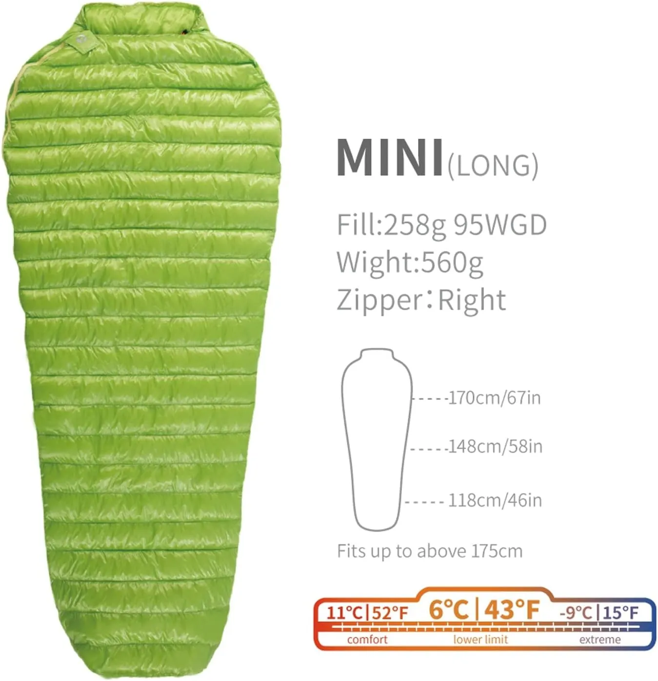 Camping Sleeping Bag,6 Degree 800fp Goose Down Sleeping Bag Ultralight Outdoor Camping and Hiking Sleeping Bag for Men & Women (Color : Mini Green Long)