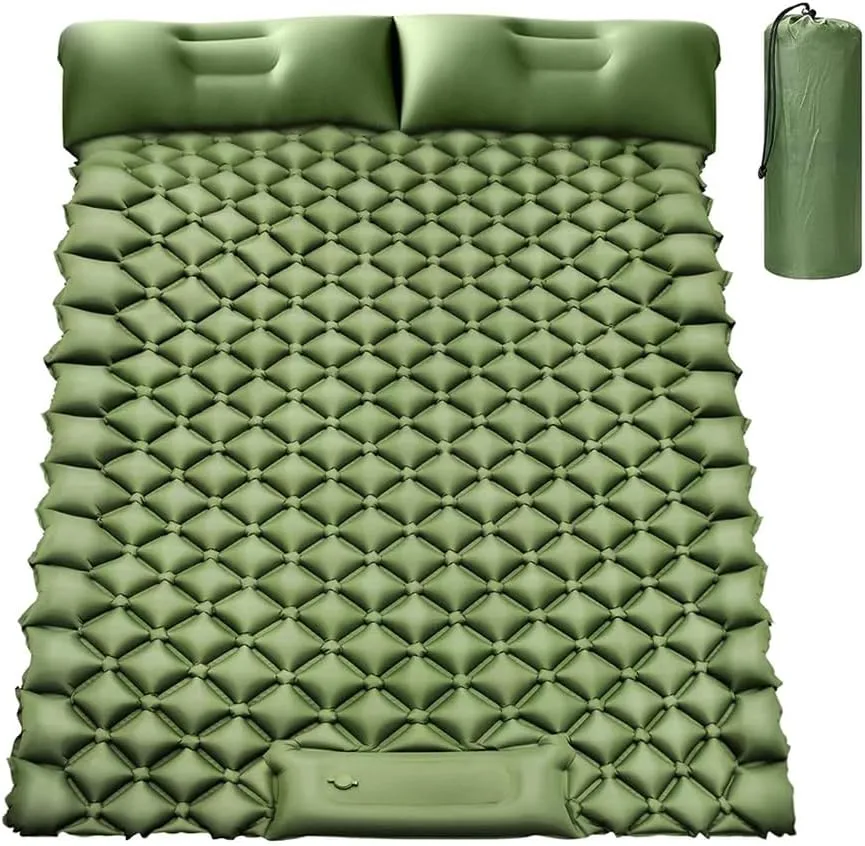 Camping Sleeping Pad, Ultralight Self Inflating Camping Pad 2 Person with Pillow Built-in Foot Pump for Camping, Hiking - Airpad, Carry Bag, Repair Kit (Green)