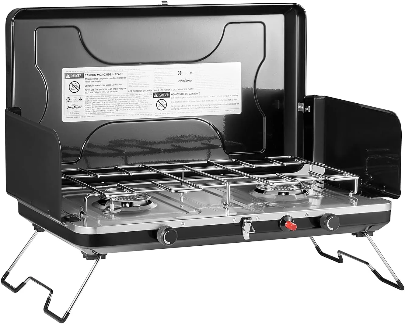 Camping Stove, 2 Burners Portable Propane camp Stove with Regulator, Integrated Igniter & Stainless Steel Drip Tray & Built-in Handle & Foldable Legs for Outdoor Cooking and Travel-20000 BTU