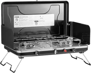 Camping Stove, 2 Burners Portable Propane camp Stove with Regulator, Integrated Igniter & Stainless Steel Drip Tray & Built-in Handle & Foldable Legs for Outdoor Cooking and Travel-20000 BTU