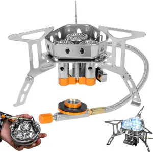 Camping Stove 3 Foldable Backpacking Stove Stainless Steel Portable Stove with Electric Ignition High Power Adjustable Outdoor Stove Camp Stove