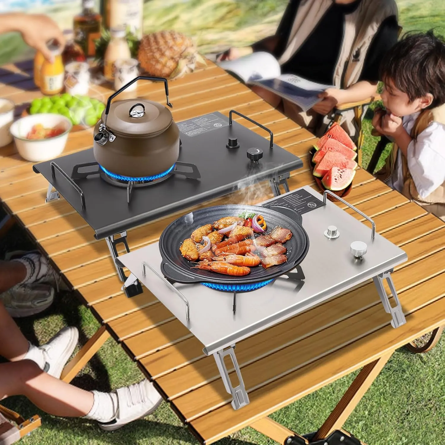 Camping Stove Small Tabletop Portable Gas Stove with Adjustable Burners Stainless Steel Foldable Table IGT Stove Propane Burners for Outdoor Cooking (Silver)