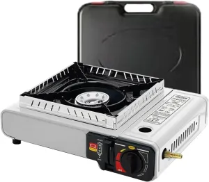Camping Stove with Carrying Case, Portable Propane or Butane Stove, Dual Fuel Gas Stove, Automatic Ignition, Indoor Outdoor Cooking Camp Stove for Picnics Hiking Fishing BBQ, White