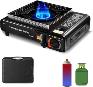 Camping Stove,Gas Stove Portable Dual Use Camping BBQ Kitchen Hiking Outdoor Cooking Butane Gas Burner Stove Party Boiler Cassette Stove Picnic Equipment for Emergency Preparedness Kit B