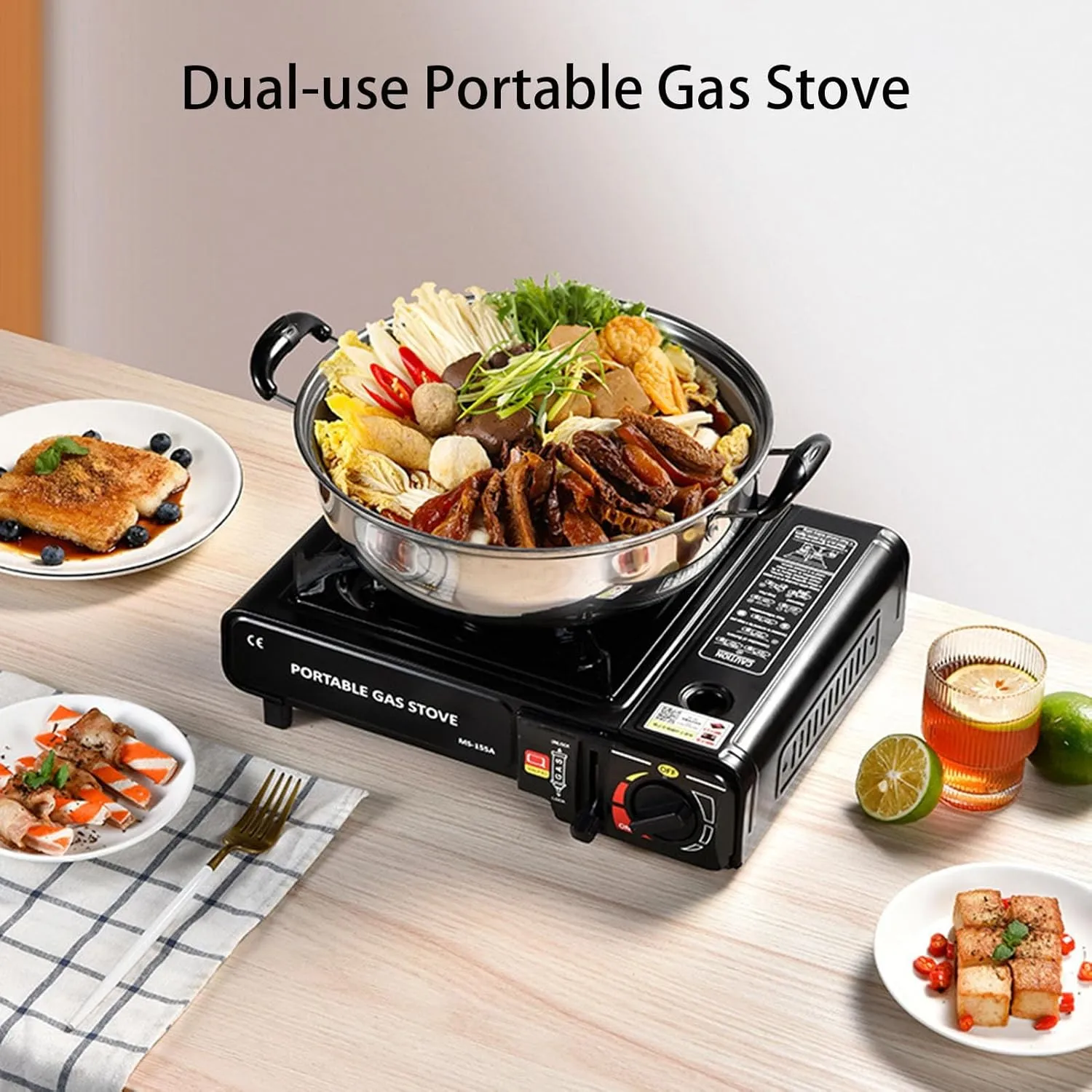 Camping Stove,Gas Stove Portable Dual Use Camping BBQ Kitchen Hiking Outdoor Cooking Butane Gas Burner Stove Party Boiler Cassette Stove Picnic Equipment for Emergency Preparedness Kit B
