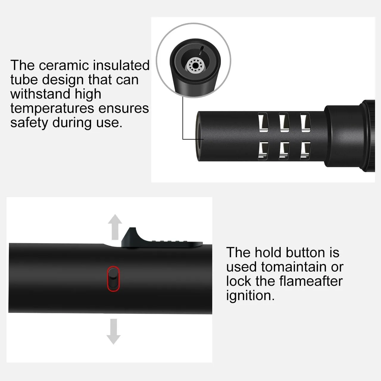 Camping Torch Lighter, Windproof Bright Fire Lighter with Safety Lock, Refillable Straight Flame Lighter with Adjustable Jet Flame for Tactical Outdoor Hiking Candles Kitchen BBQ Campfires (Black)
