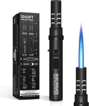 Camping Torch Lighter, Windproof Bright Fire Lighter with Safety Lock, Refillable Straight Flame Lighter with Adjustable Jet Flame for Tactical Outdoor Hiking Candles Kitchen BBQ Campfires (Black)