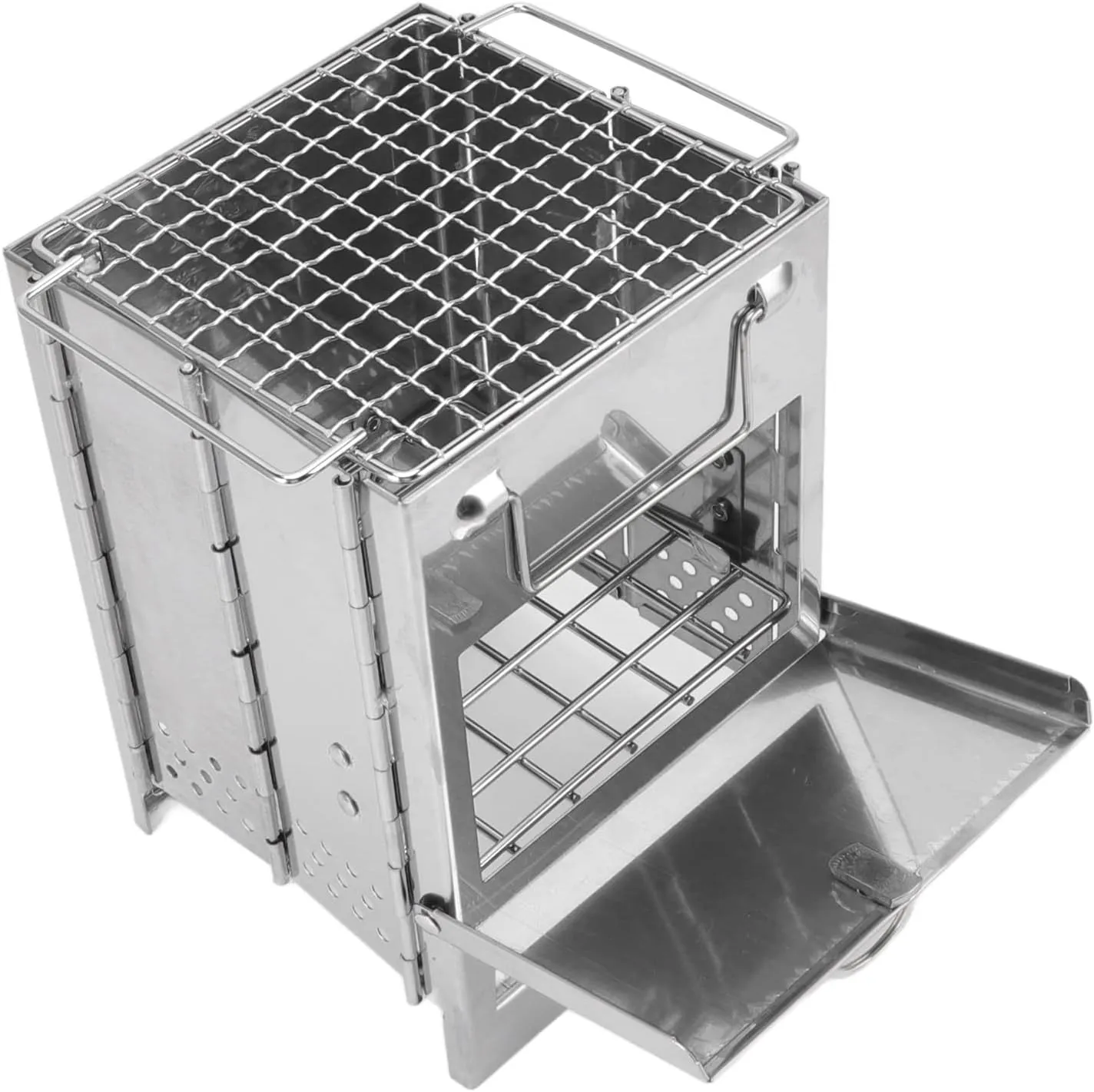 Camping Wood Stove, Portable Wood Burning Camp Stove Stainless Steel Emergency Backpacking Stove, Hot Tent Stove Woodstove Integrated Mini BBQ Grill with Storage Bag for Hiking Camping Picnic BBQ