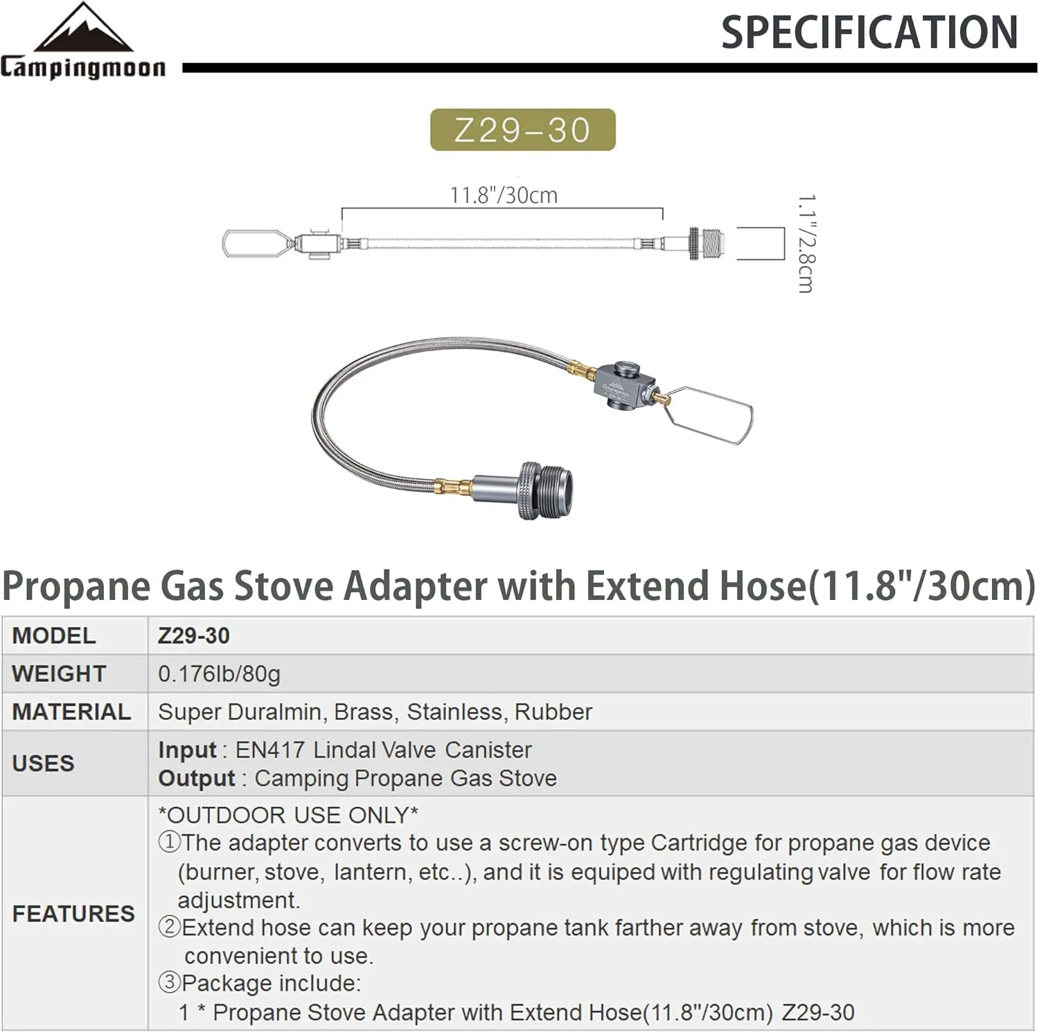 CAMPINGMOON CAG 600 Propane Torch Stove Adapter with Extend Hose(11.8"/30cm), Input: EN417 Lindal Valve Canister, Output: CAG 600 Propane Torch Stove Z29-30