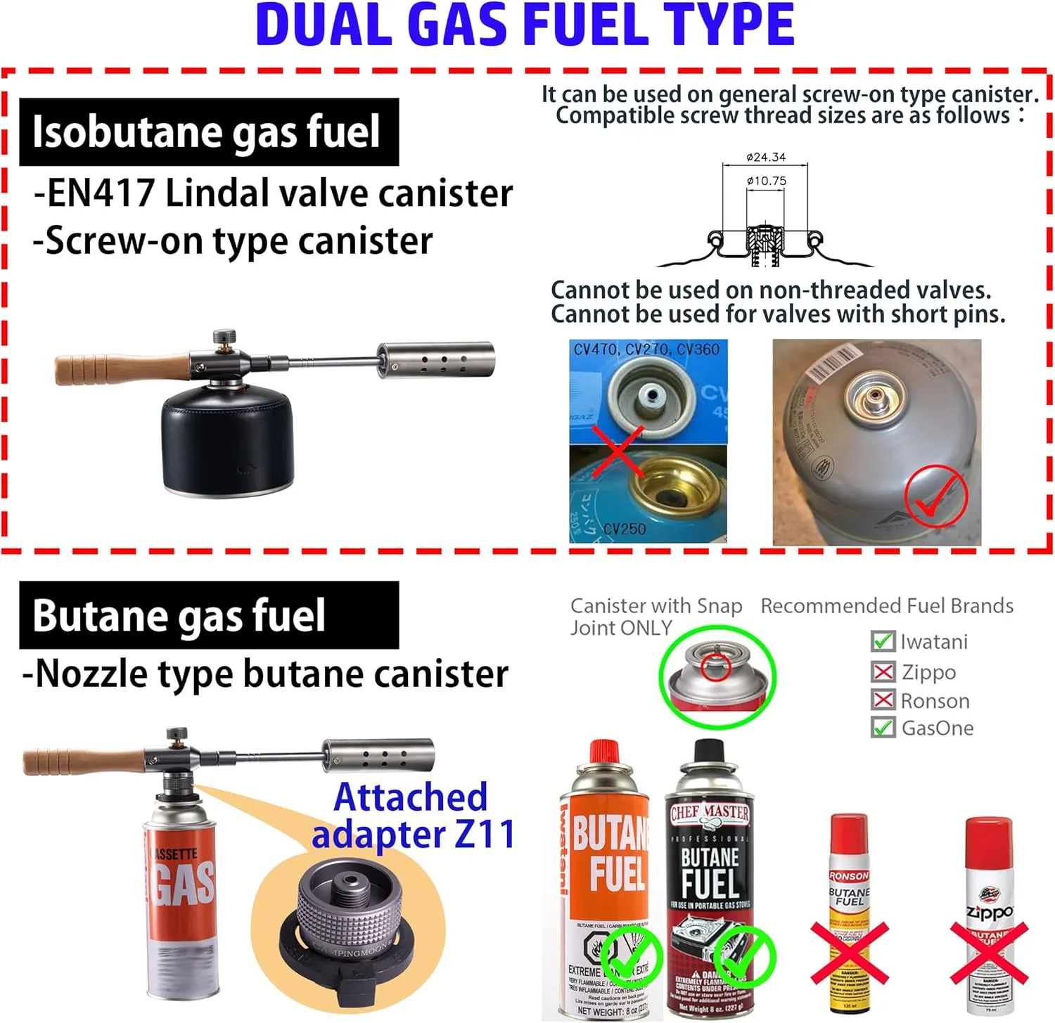 CAMPINGMOON Camping Grill Torch Dual Fuel Head Flame Adjustable for Charcoal Starter with Storage Case MT-3955/I-1010 (Butane   Isobutane)