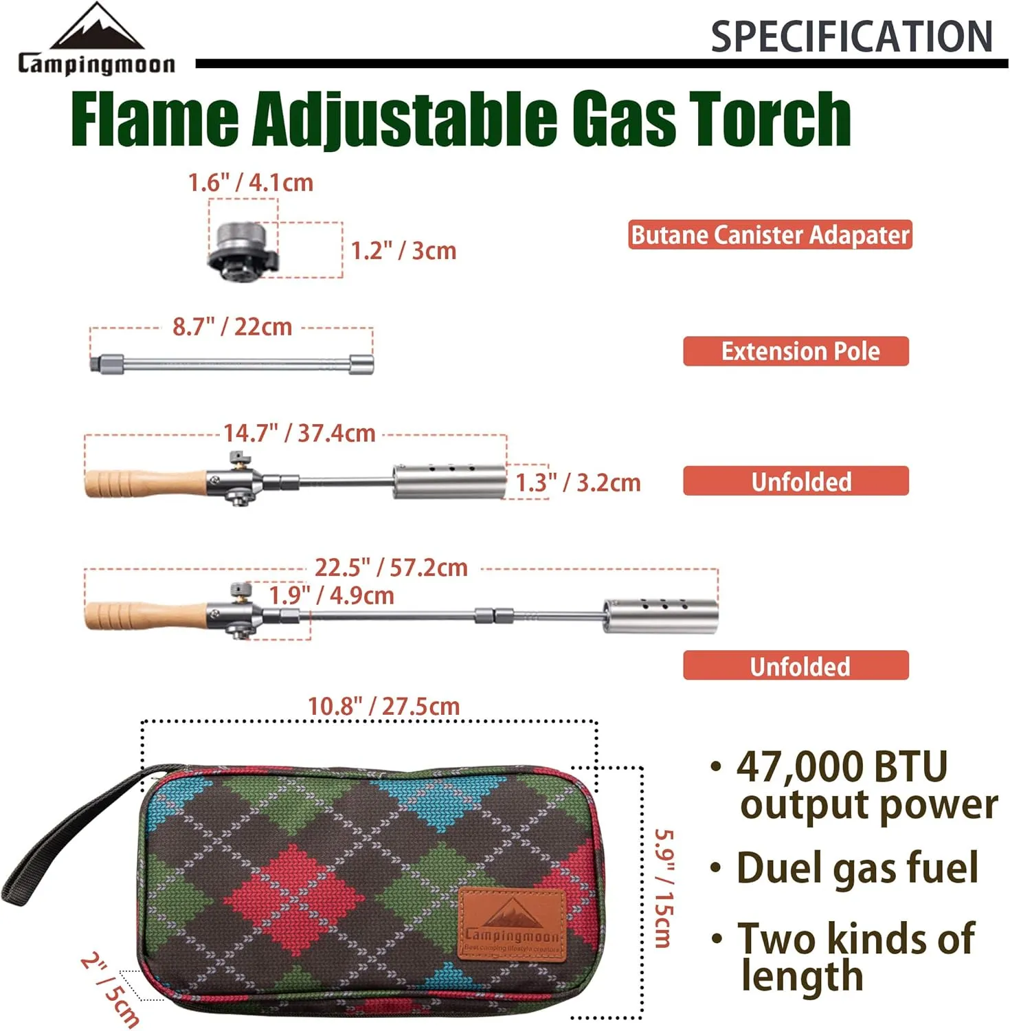 CAMPINGMOON Camping Grill Torch Dual Fuel Head Flame Adjustable for Charcoal Starter with Storage Case MT-3955/I-1010 (Butane   Isobutane)