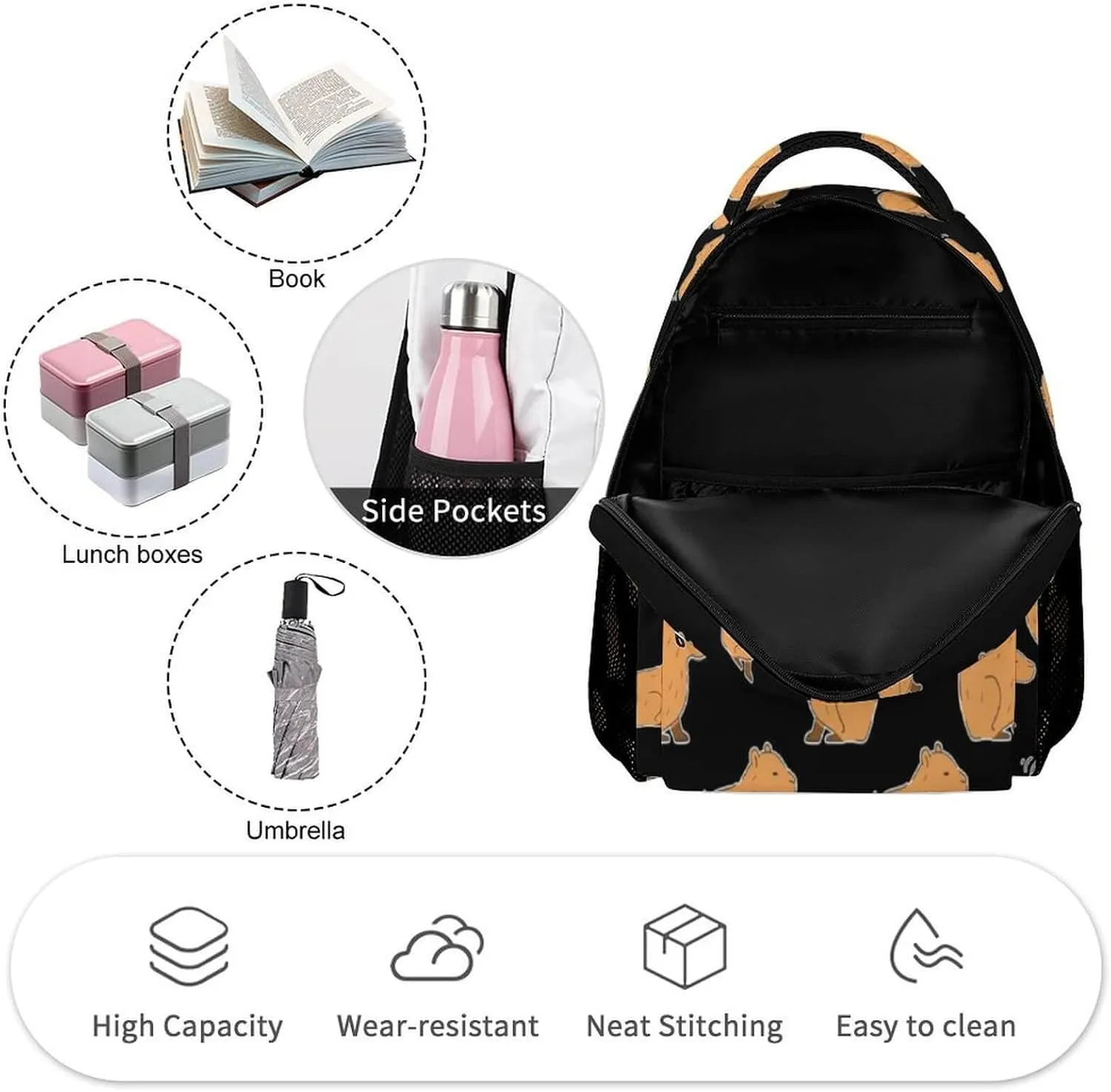 Capybara Backpack for Kids Girls Boys School, 16 Inches Cute Capybara Theme Bookbag, Adjustable, Lightweight, Large Capacity, Colorful Capybara Backpack for School