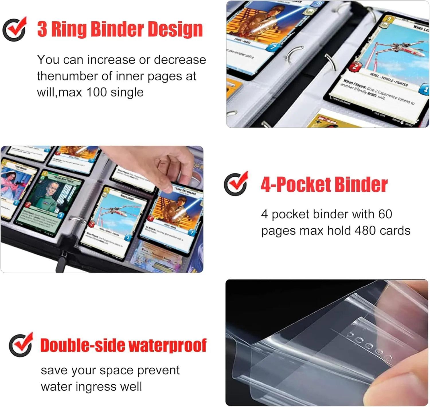 Card Binder for Trading Cards,4 Pocket with 50 Sleeves up to 400 Cards,Waterproof Card Storage Bag with Sleeves for Playing Game Cards