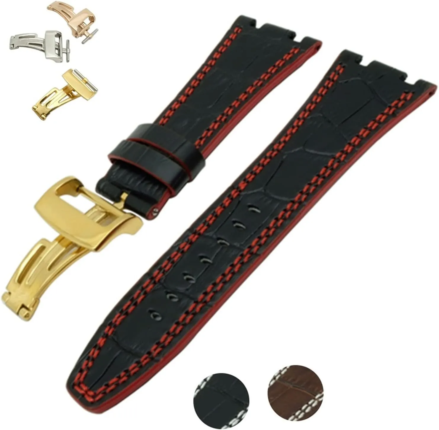 CAREG Compatible With Audemars 28 Mm Black Brown/Red White Line Genuine Leather Strap Clasp Compatible With AP Watch Band And Tool Durable