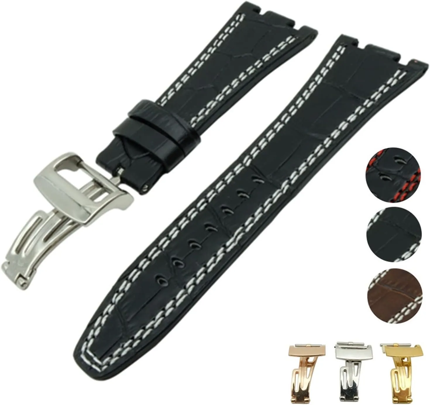 CAREG Compatible With Audemars 28 Mm Black Brown/Red White Line Genuine Leather Strap Clasp Compatible With AP Watch Band And Tool Durable
