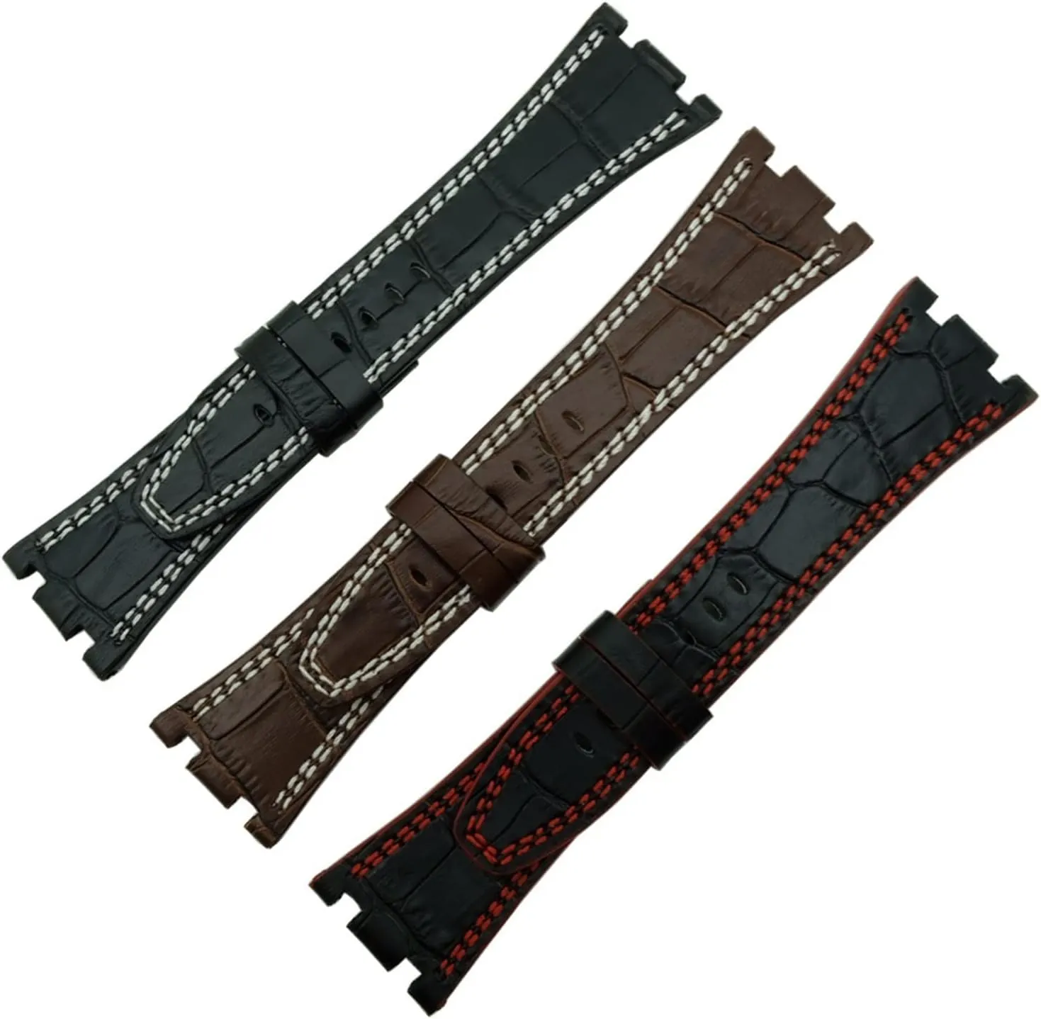 CAREG Compatible With Audemars 28 Mm Black Brown/Red White Line Genuine Leather Strap Clasp Compatible With AP Watch Band And Tool Durable