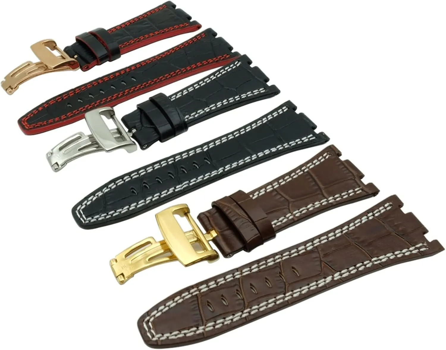 CAREG Compatible With Audemars 28 Mm Black Brown/Red White Line Genuine Leather Strap Clasp Compatible With AP Watch Band And Tool Durable