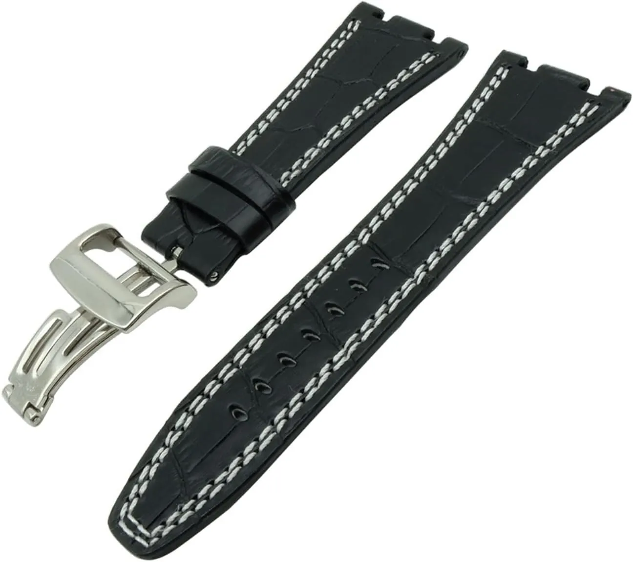 CAREG Compatible With Audemars 28 Mm Black Brown/Red White Line Genuine Leather Strap Clasp Compatible With AP Watch Band And Tool Durable