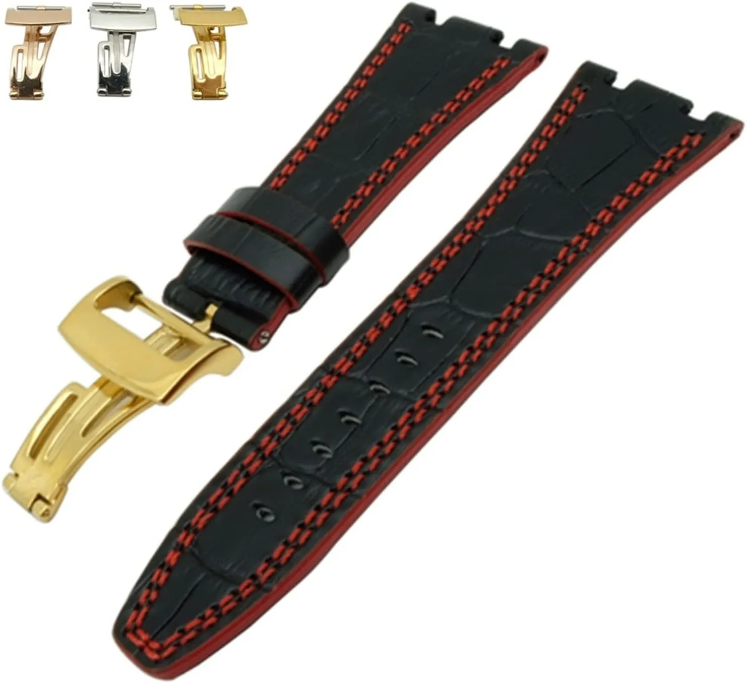 CAREG Compatible With Audemars 28 Mm Black Brown/Red White Line Genuine Leather Strap Clasp Compatible With AP Watch Band And Tool Durable