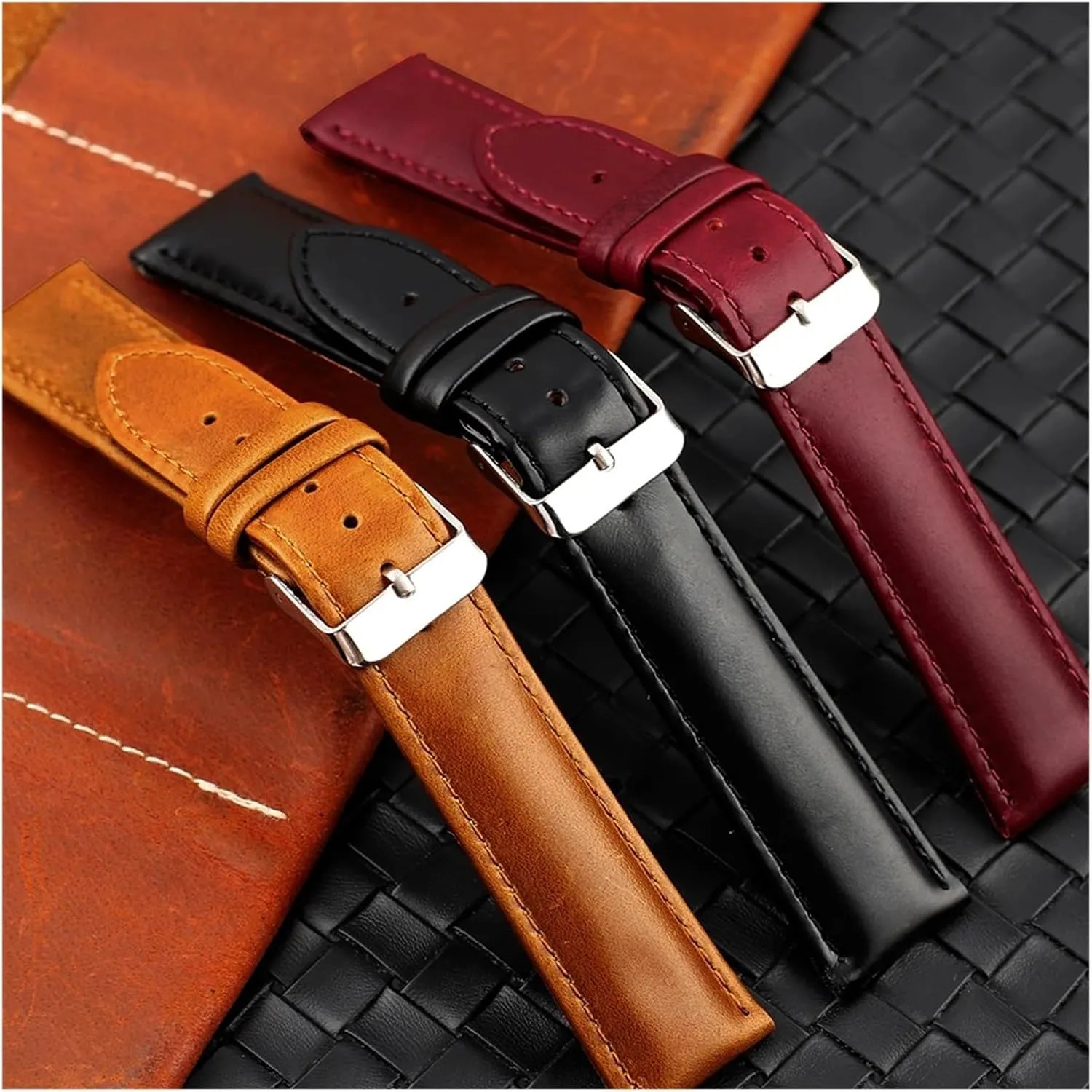 CAREG Leather Watch Band Strap Steel Pin Buckle Black Brown Red Wrist Belt Bracelet 20mm Fit For Men Women Watch Accessories Durable