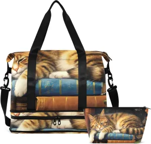 Cat Sleeping on Bookshelf Gym Bag for Women & Men,Duffel Bag with Shoe Pocket,Weekender Overnight Bag with Trolley Sleeve for Travel 21216234