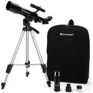 Celestron 21038 Travel Scope 50 Portable Refractor Telescope Kit with Backpack - Includes Two Eyepieces, 3X Barlow Lens, 45° Erect Image Diagonal, Height-Adjustable Tripod and Accessory Tray, Black