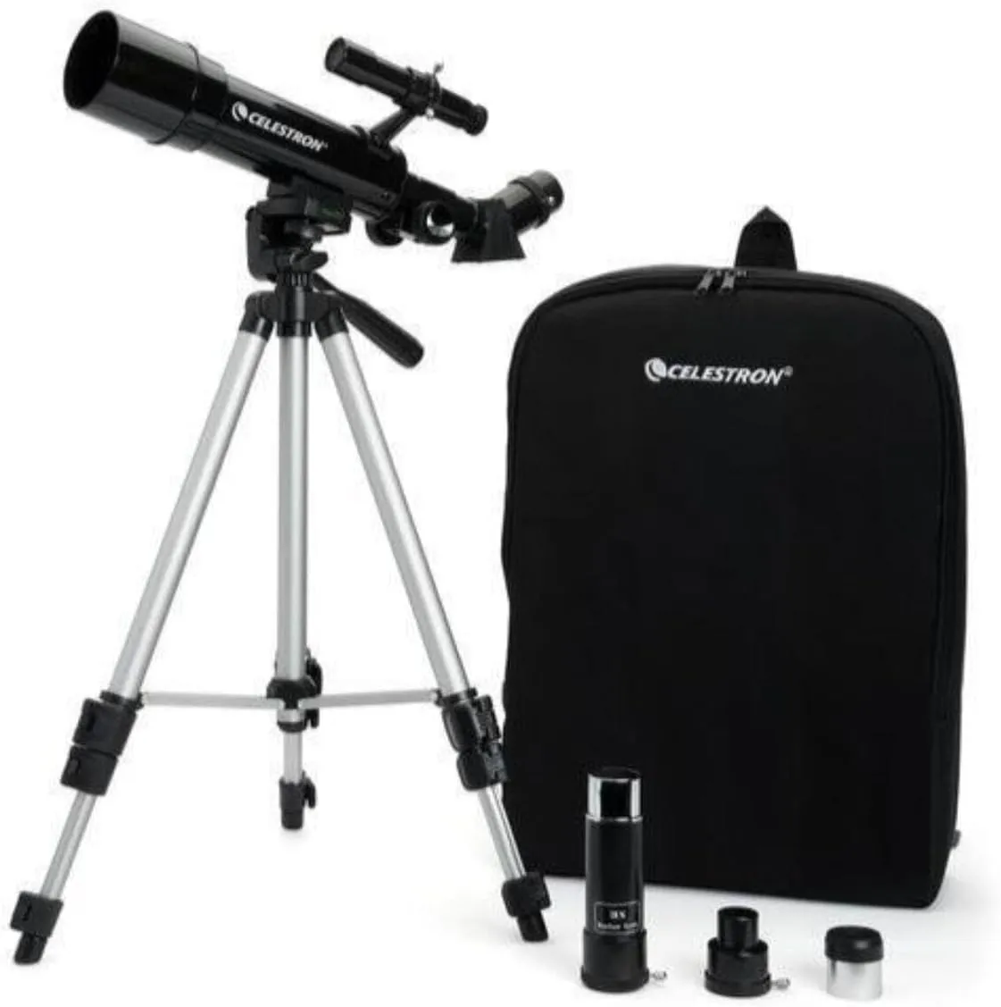 Celestron 21038 Travel Scope 50 Portable Refractor Telescope Kit with Backpack - Includes Two Eyepieces, 3X Barlow Lens, 45° Erect Image Diagonal, Height-Adjustable Tripod and Accessory Tray, Black