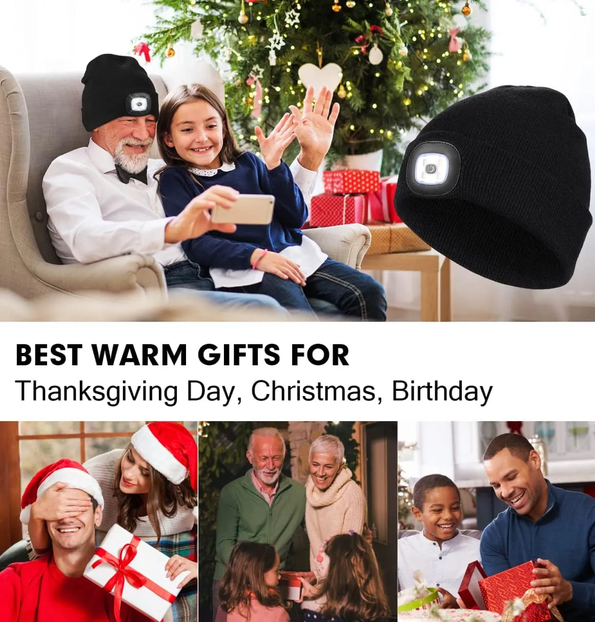 CENSGO Unisex Hat with Light, USB Rechargeable LED Headlamp Beanie, Gifts for Dad Father Men Husband Warm Knitted Cap