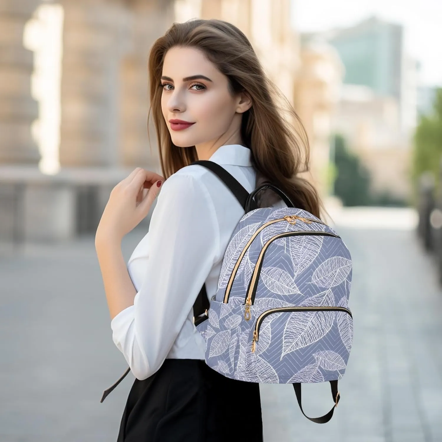 Charming Leaf Silhouettes Lilac Campus Backpack Purse Bookbag Quilted Backpack for Women 13" Laptop Backpack Stylish Printed Rucksack with Multiple Pockets Lightweight Travel