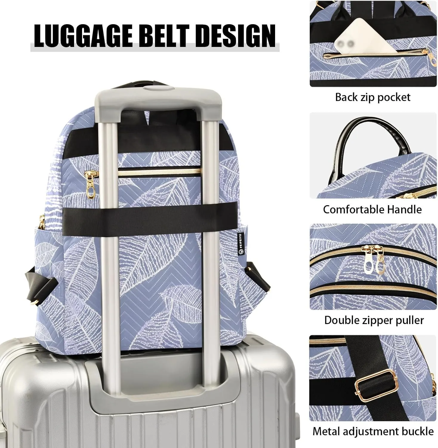 Charming Leaf Silhouettes Lilac Campus Backpack Purse Bookbag Quilted Backpack for Women 13" Laptop Backpack Stylish Printed Rucksack with Multiple Pockets Lightweight Travel
